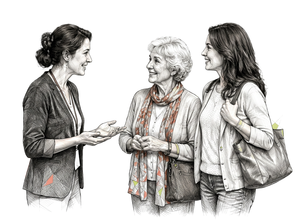Ink illustration of a daughter and her mother being welcomed at a care community