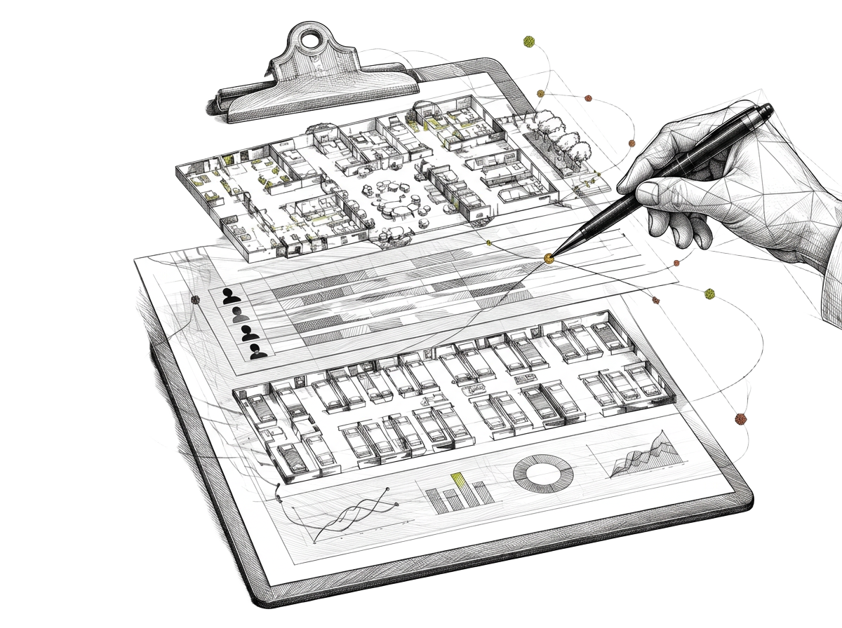 Illustrated clipboard layered with a facility floor plan and operational charts
