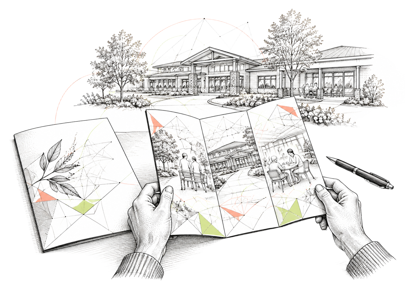 Ink illustration of hands opening a tri-fold brochure in front of a care community building