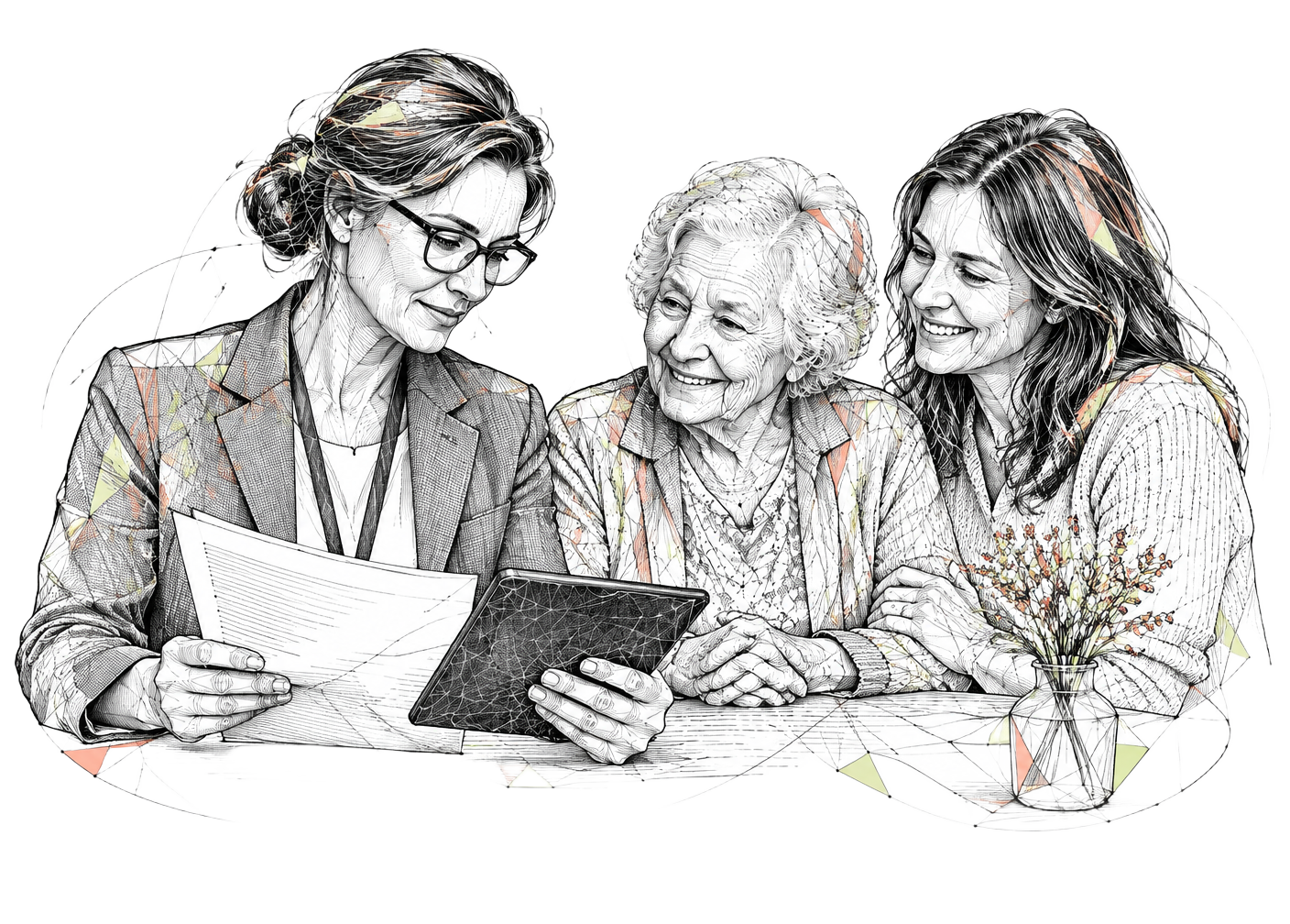 Ink illustration of a care community leader reviewing feedback with a resident and her daughter