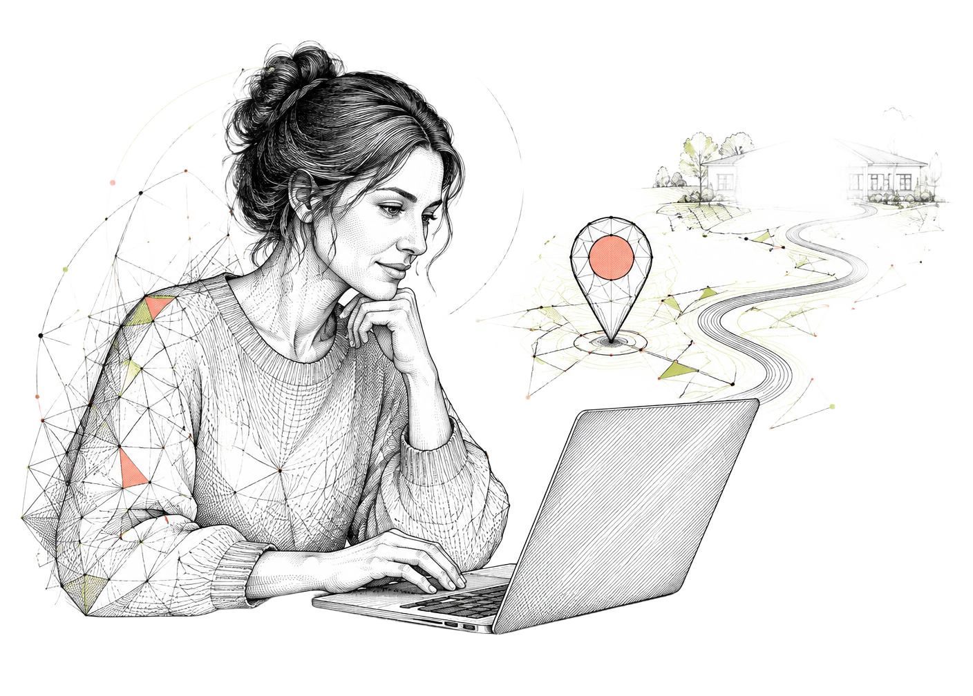 Ink illustration of a woman searching on a laptop with a map pin leading to a care community